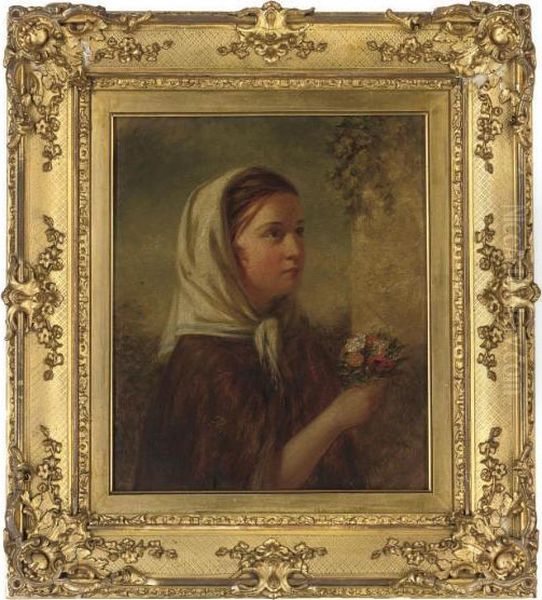 Young Girl Holding Posies Oil Painting by Joshua Hargrave Sams Mann