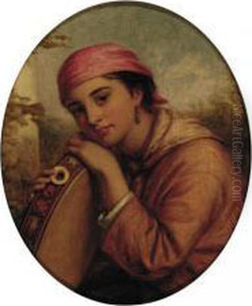 Girl In A Red Kerchief With Her Tambourine Oil Painting by Joshua Hargrave Sams Mann