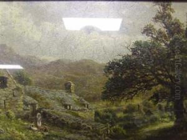 Rural Landscape With Figures And Cottages Oil Painting by R. Mann