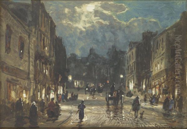 Figures And Carriages On A Street By Moonlight Oil Painting by William Manners