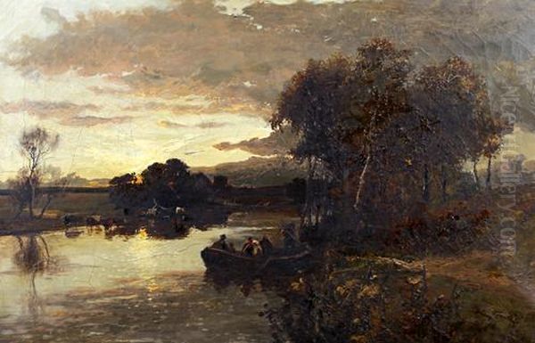 River Landscape At Dusk With Figures In A Punt And Cattle Watering At The Riverside Oil Painting by William Manners