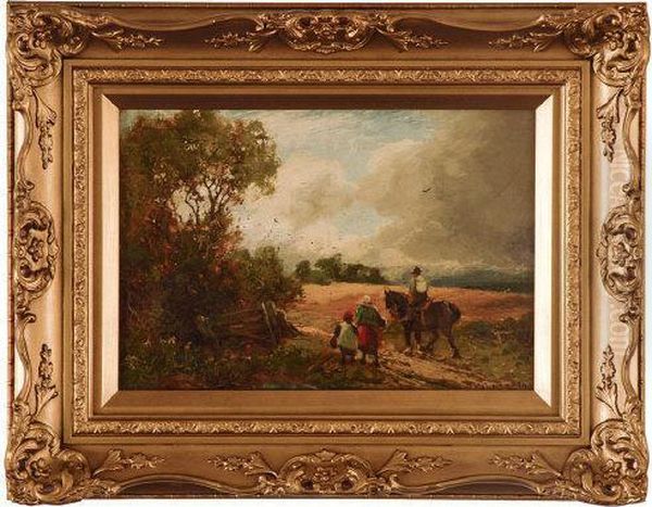 Autumn Scene, 
With A Farmer On A Shire Horse On A Country Path Alongside A Woman And Her Child Oil Painting by William Manners