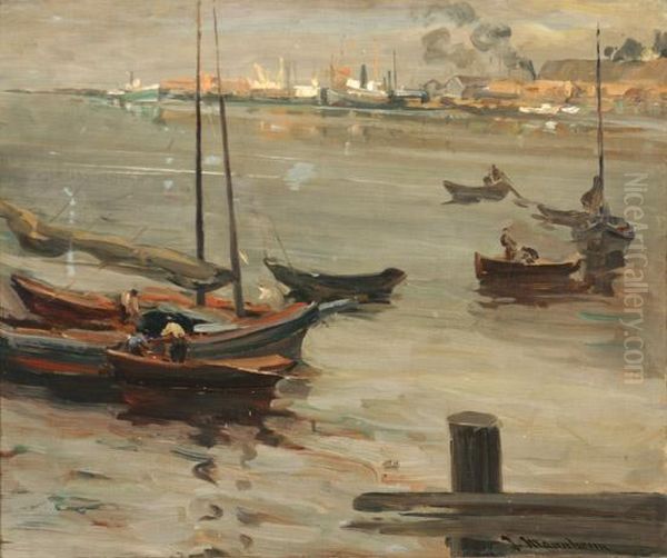 Fishingboats In A Harbor Oil Painting by Jean Mannheim