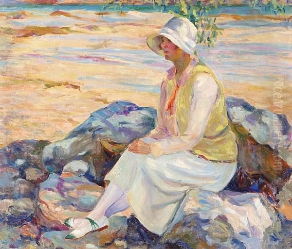 Woman Sitting Beside A Stream Oil Painting by Jean Mannheim