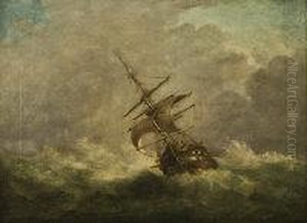 Ship In A Stormy Seascape Oil Painting by Robert Mannix