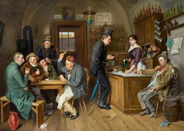 Geanimeerd Cafe Binnengezicht Oil Painting by August H. Mansfeld