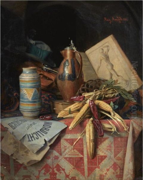 A Still Life With Earthenware, Vegetables And Manuscripts Oil Painting by Moritz Mansfeld