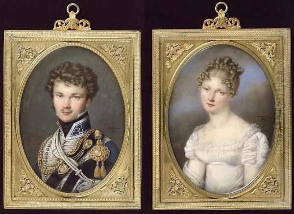 A Pair Of Portraits Of Count Esterhazy And His Wife, Nee Dillon: He, Wearing The Uniform Of The Austrian Hussars, Blue Dolman And Pelisse, Both Heavily Braided In Silver, The Latter Edged In Black Fur, His Chest Draped With Gold Caplines And Flouders, The Oil Painting by Andre Leon Larue Mansion