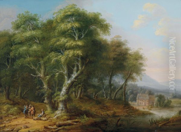 A Wooded Landscape Oil Painting by Franz Joseph Manskirch