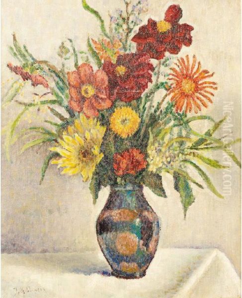 Still Life Study Of Flowers In A Vase On A Table Oil Painting by James Bolivar Manson