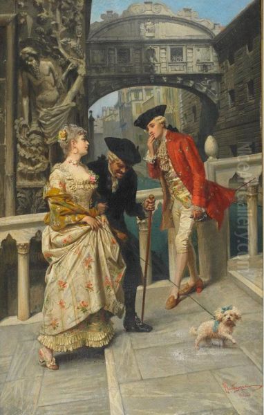 Lovers And Chaperone Meeting On The Venetian Canal Oil Painting by Giocomo Mantegazza