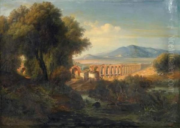 Southern Italian Landscape With Aquaduct Oil Painting by Carl Mantel