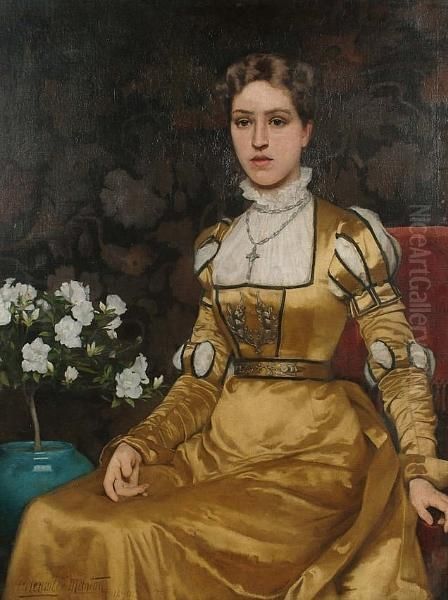 Portrait, Three Quarter Length, Of A Seated Lady Wearing A Gold Satin Dress Oil Painting by George Grenville Manton