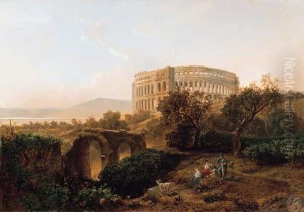 Paesaggio Della Campagna Romana Con Figure E Antica Architettura,1869 Oil Painting by Emil Manz