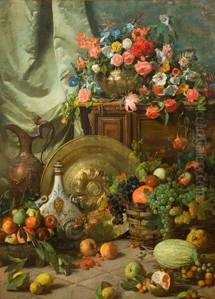 Trionfo Di Fiori E Frutti Con Arredi, Rami E Bottiglia In Maiolica Oil Painting by Giacomo Manzoni