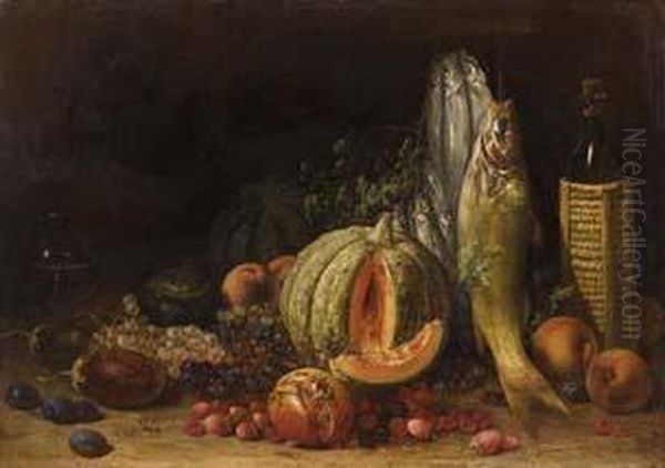 Natura Morta Con Pesci, Zucca, Frutti Ebottiglia Di Vino Oil Painting by Ignazio Manzoni