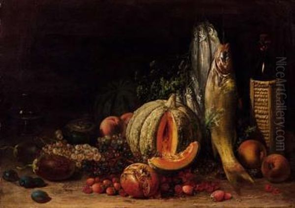 Natura Morta Con Frutta E Pesci Oil Painting by Ignazio Manzoni