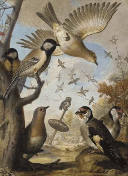 Finches And Other Small Birds By A Tree Stump, An Owl Perched On A Bird Trap And Shepherds With Their Flocks Beyond Oil Painting by Ridolfo Manzoni