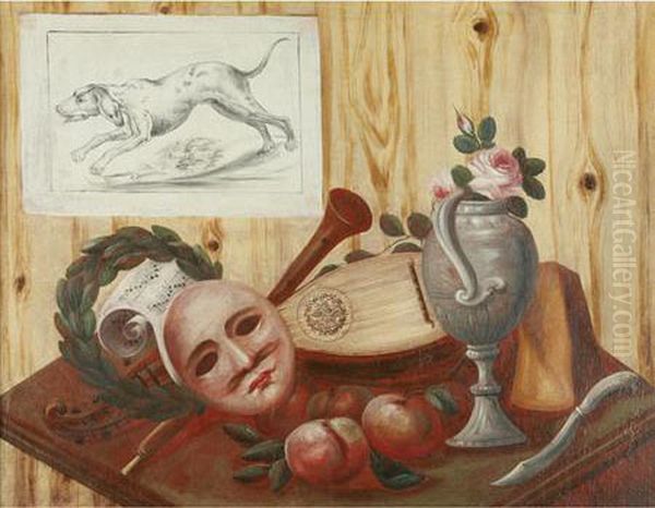 A Trompe L'oeil Of A Mandolin, Flute, Mask, Music Sheet, And Other Objects On A Table Oil Painting by Antonio Mara Lo Scarpetta