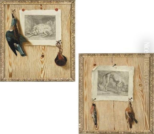 A Trompe L'oeil Still Life With Dead Game And Hunting Pouch Pinned To An Engraving On A Faux Boiserie Ground; And Another Similar Oil Painting by Antonio Mara Lo Scarpetta