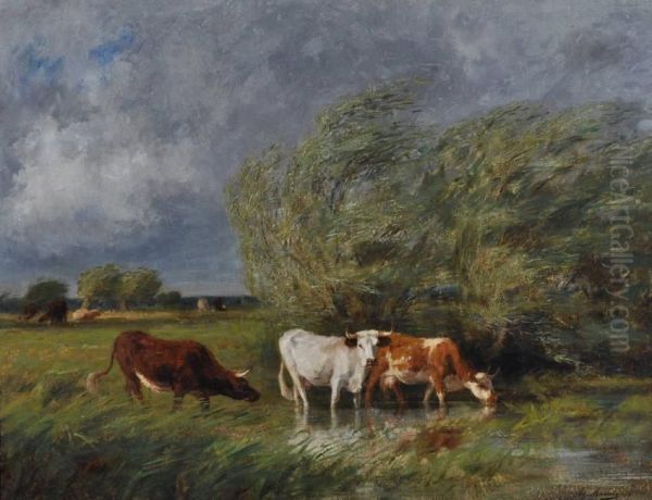 Cattle At The Edge Of A Field Oil Painting by Adolphe Charles Marais