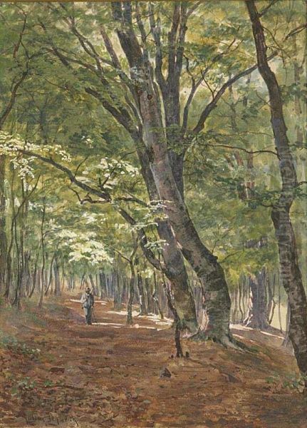 A Forest Road With A Hunter Oil Painting by Julius Eduard Marak