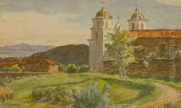 Early View Of Santa Barbara Mission S L/l: J.n. Marble W/c On/p Under Glass Sight: 5.5 X 9 Oil Painting by John Nelson Marble