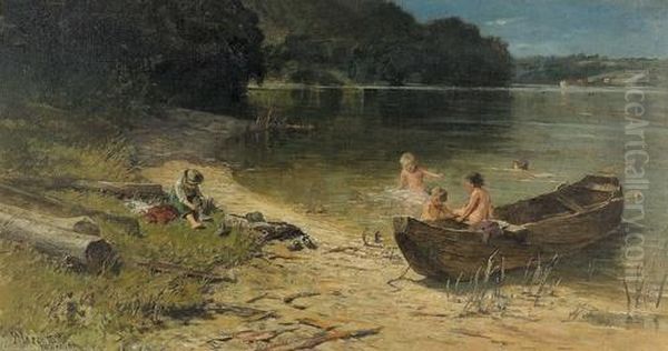 Spielende Knaben Am Seeufer. Oil Painting by Wilhelm Marc