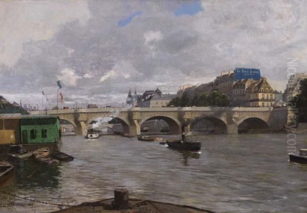 Vue Animee Du Pont Neuf Oil Painting by Lucien Marchais