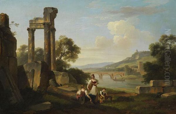 Sommerliche Fluslandschaft Mit Tempelruine Oil Painting by Pierre-Antoine Marchais