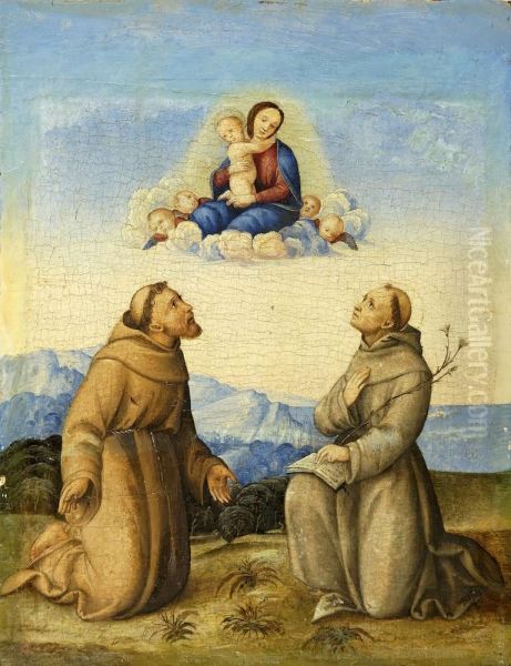 St Francois D'assise Et St Antoine De Padoue Devant La Vierge A L'enfant. Huile Sur Panneau Agrandie. 28 X 21 Oil Painting by Girolamo Marchesi da Cotignola