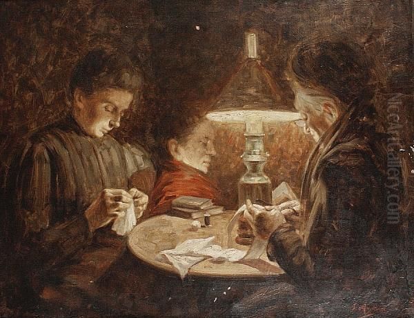 Women Sewing By Lamplight Oil Painting by Salvatore Marchesi