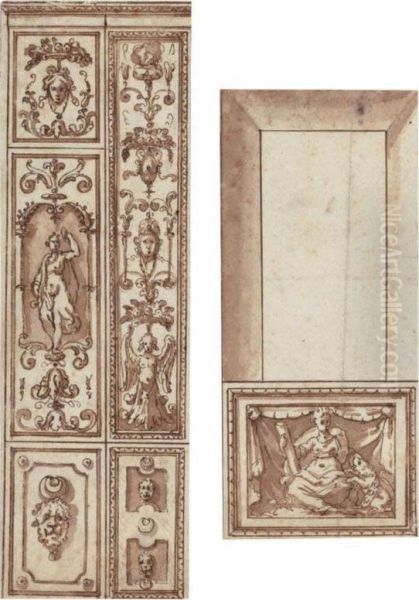 Two Studies For Grotesque Wall Decorations Oil Painting by Marco Marchetti, Called Marco Da Faenza