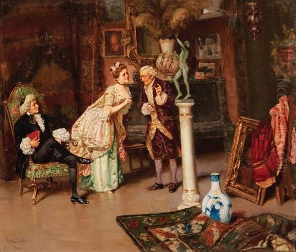 Figures In A Collector's Interior Oil Painting by Ludovico Marchetti