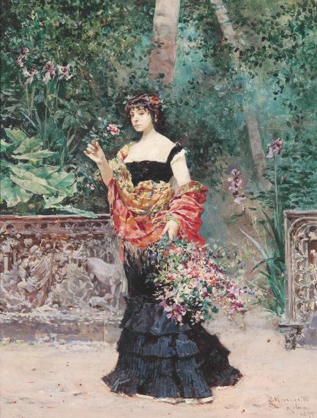 Elegantlady In A Park Oil Painting by Ludovico Marchetti