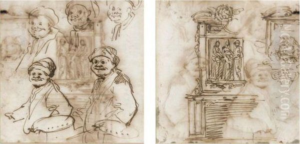 Double-sided Sheet With A Caricature Of An Artist And Studiesfor A Chimney-piece In Villa Albani Oil Painting by Carlo Marchioni