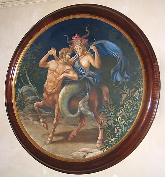 Depicting A Mermaid Riding On The Back Of A Centaur In Dark Forestlandscape, Within Parcel Gilt Walnut Frame. Oil Painting by Carlo Marchioni