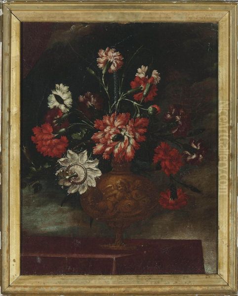 Carnations And Passion Flowers In An Urn On A Ledge Oil Painting by Elisabetta Marchioni Active Rovigo