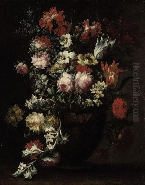 Chrysanthemums, Roses, Parrot Tulips, Anemonies And Other Blooms Inan Urn Oil Painting by Elisabetta Marchioni Active Rovigo