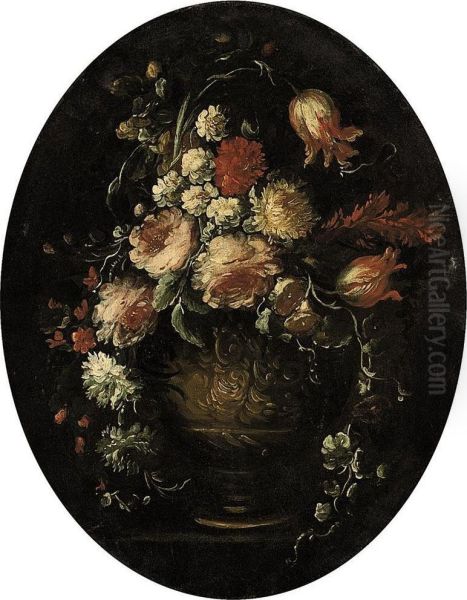 Roses, Parrot Tulips, Carnations And Other Blooms In An Urn On Astone Ledge Oil Painting by Elisabetta Marchioni Active Rovigo