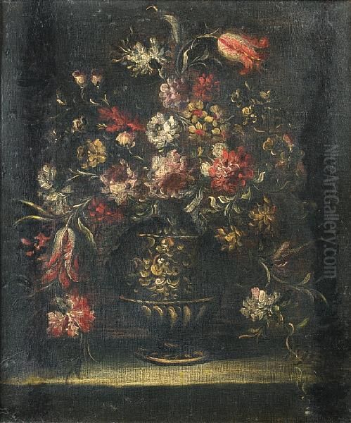 Roses, Tulips, Narcissi And Other Flowers Inan Urn On A Stone Ledge Oil Painting by Elisabetta Marchioni Active Rovigo