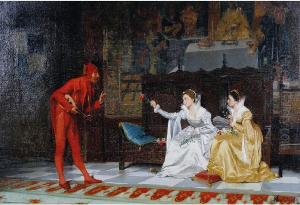 A Genre Scene Of A Jester Entertaining Two Female Courtiers In An Interior Oil Painting by Andrea Marchisio