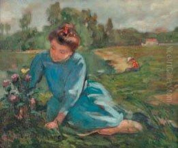 Jeune Femme Cueillant Des Fleurs Oil Painting by Victor Marec