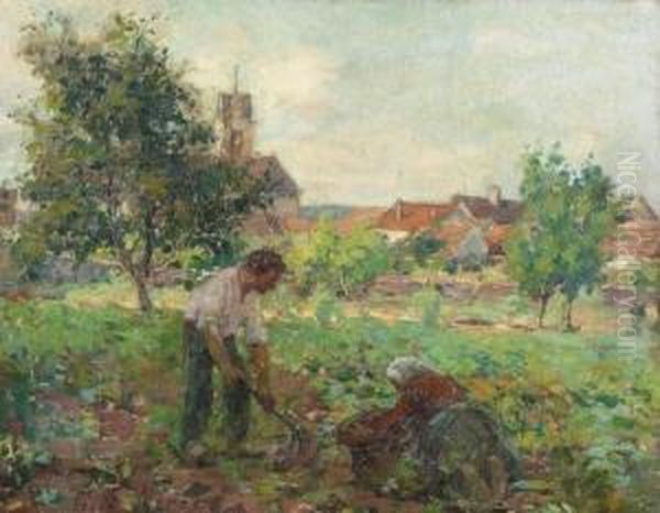 Bauernpaar Bei Der Feldarbeit. Oil Painting by Victor Marec