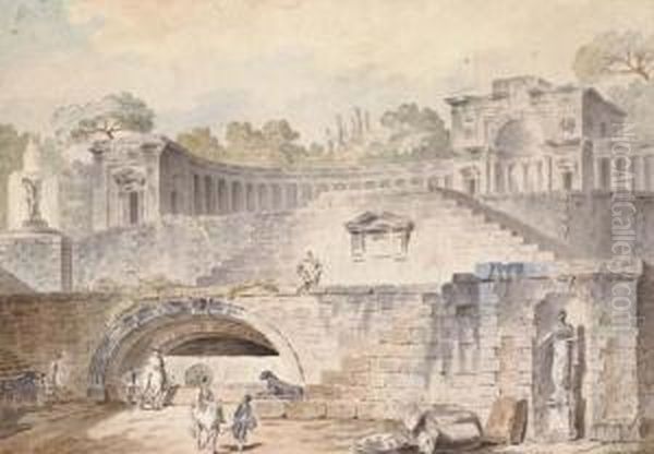 Figures In A Garden Below An Amphitheatre; And Figures Gathered At A Pool By Classical Ruins Oil Painting by Jean-Baptiste Marechal