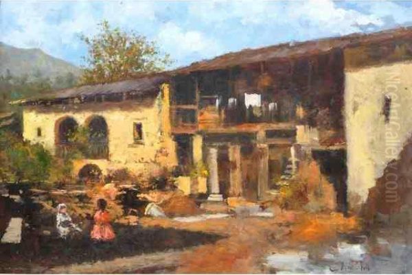 Cour De Ferme Animee Oil Painting by Louis Demarez Marechal