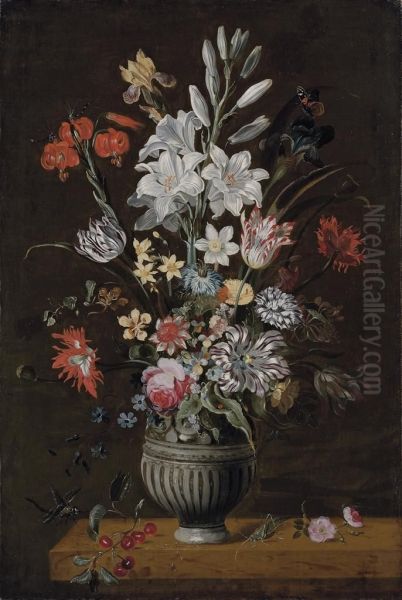 Lilies, Irises, Tulips, Narcissi And Other Flowers In An Urn With Agrasshopper And A Dragonfly On A Stone Ledge Oil Painting by Jakob Marellus