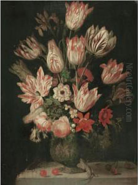 A Still Life Of Tulips And Other Flowers In A Vase On A Marble Ledge, With A Green Lizard Oil Painting by Jakob Marellus