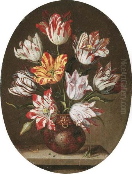 Tulips In A Vase With A Caterpillar And A Grasshopper On A Stone Ledge, And Dragonflies And A Bee Oil Painting by Jakob Marellus