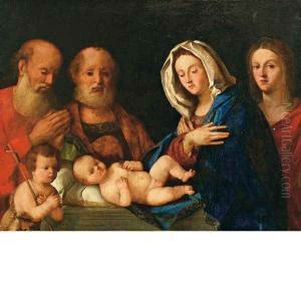 Sacra Famiglia Con I Santi Giovannino, Zaccaria E La Donatrice Oil Painting by Giovanni Marescalco